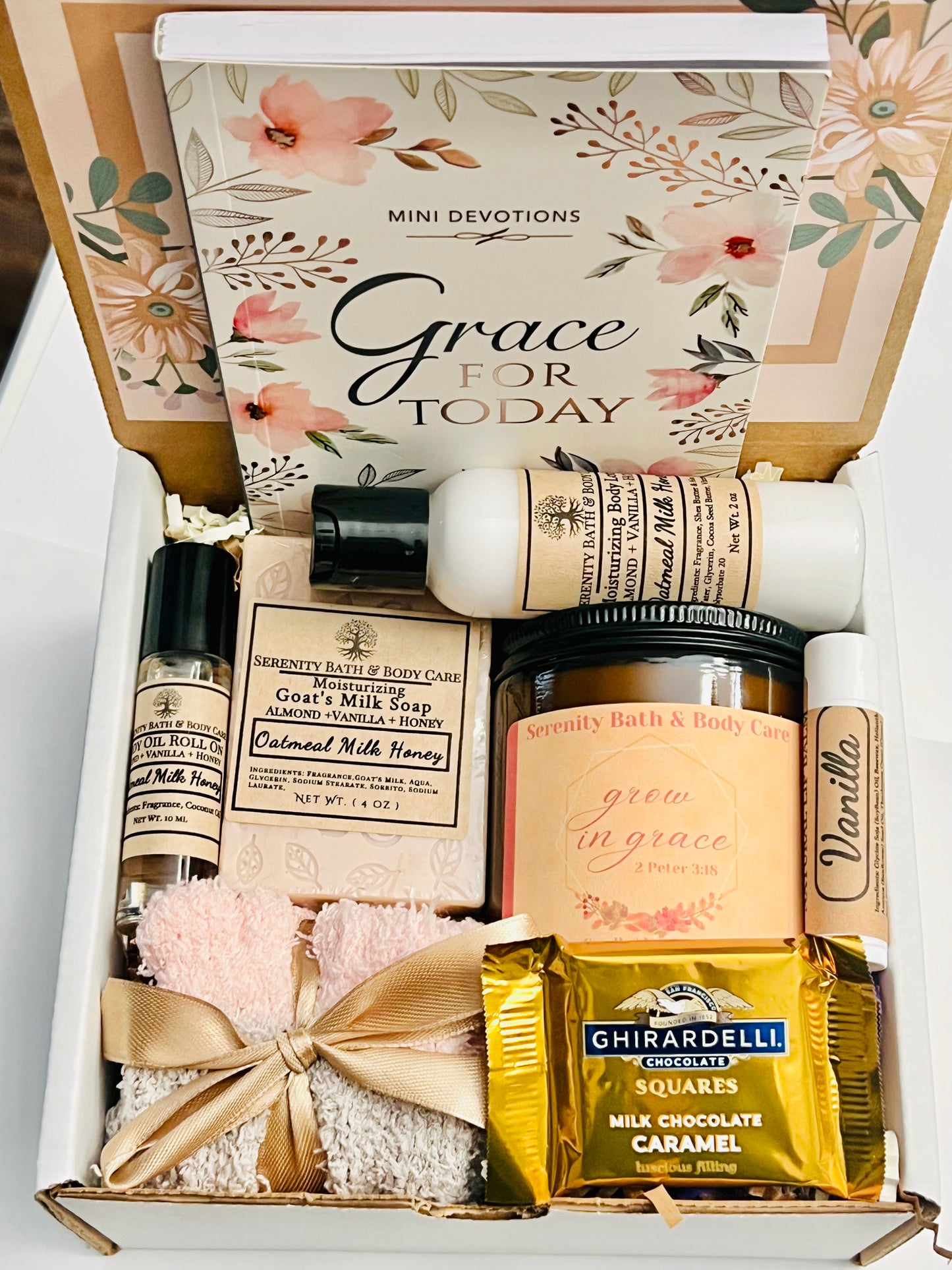 Grace-themed Christian devotional gift box with spa items and candle — ideal self-care or holiday gift for her.