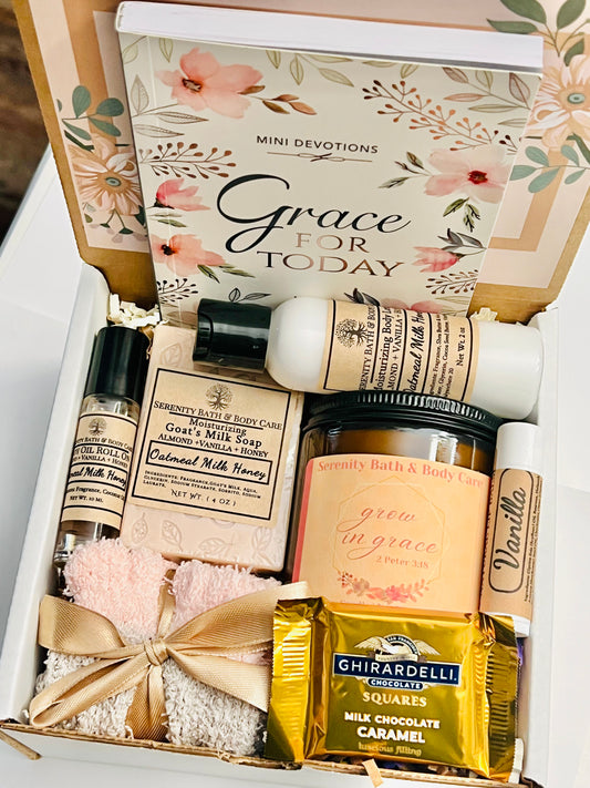Faith-inspired spa gift set featuring Grace for Today devotional, grow in grace candle, goat’s milk soap, and lotion — Christian gift for women.