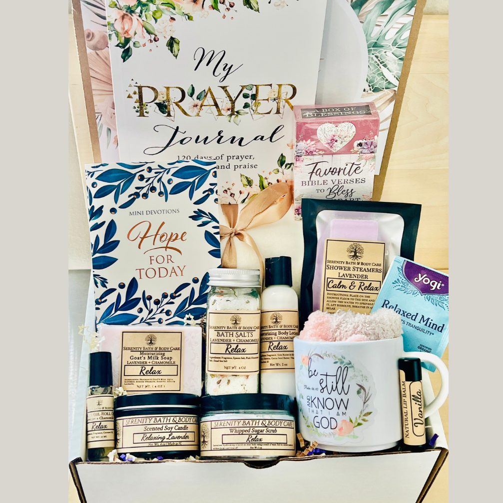 Prayer journal box, Encouragement and self-care gift for Christian women – spa, scripture, and prayer essentials