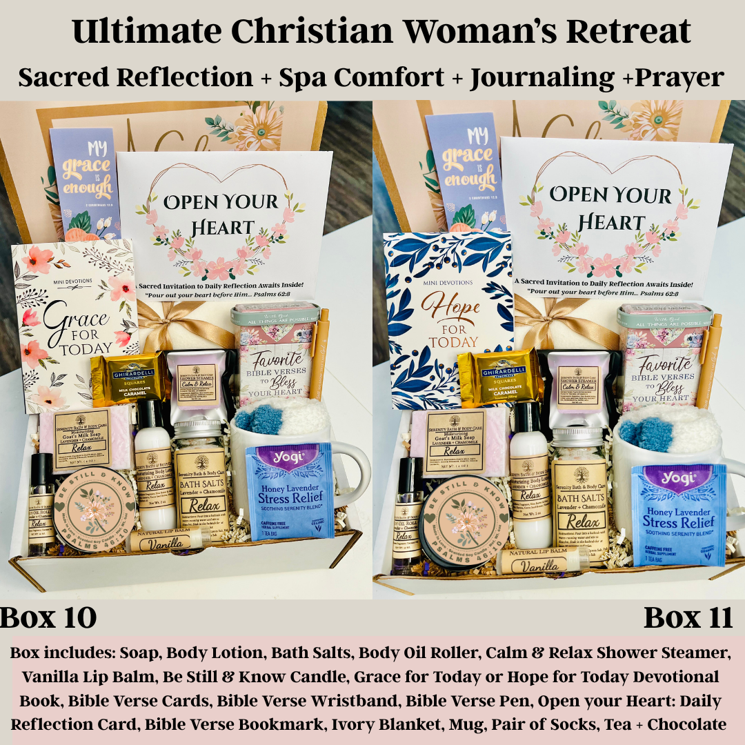 Faith-based gift set with lavender bath items, Bible verses, and prayer journal”