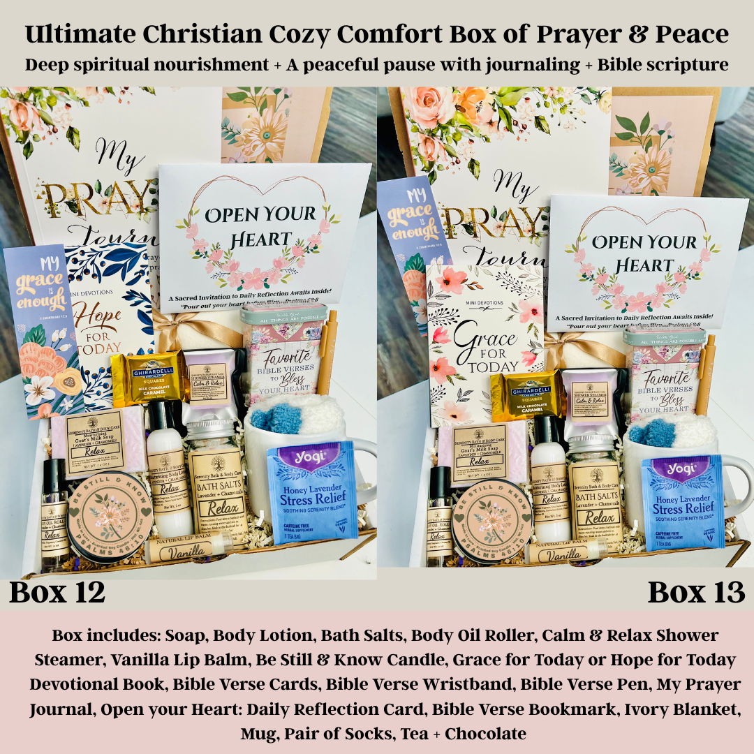Faith-based gift set with lavender bath items, Bible verses, and prayer journal”
