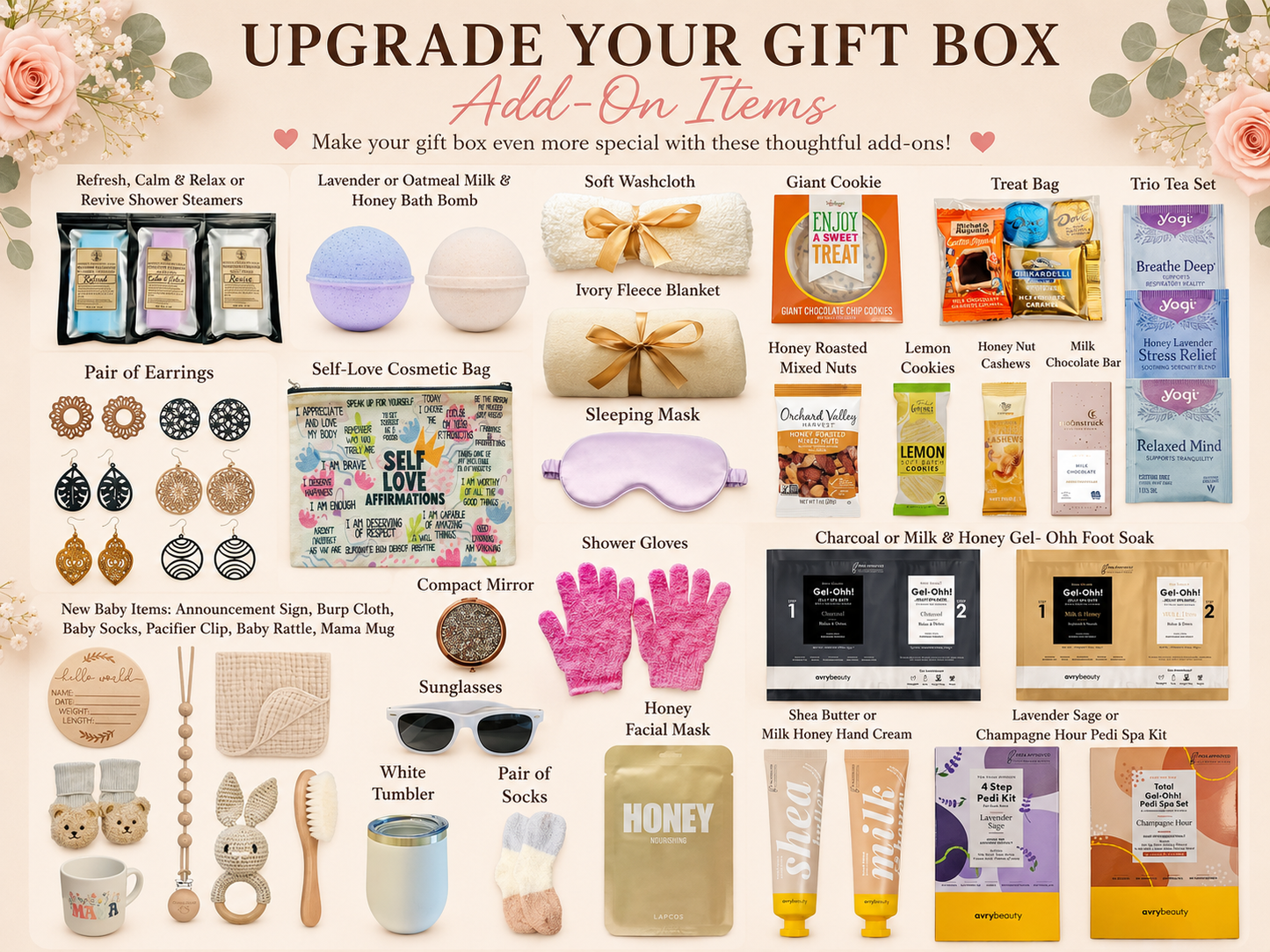 New Mom Gift Box Upgrade Add-On Items | Personalized Baby Shower Gift Box Extras | Build Your Own Gift Box