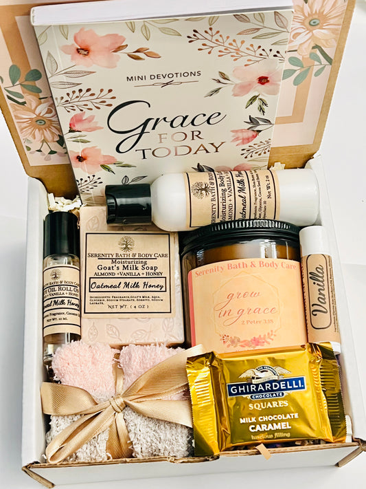 Faith-inspired spa gift set featuring Grace for Today devotional, grow in grace candle, goat’s milk soap, and lotion — Christian gift for women.