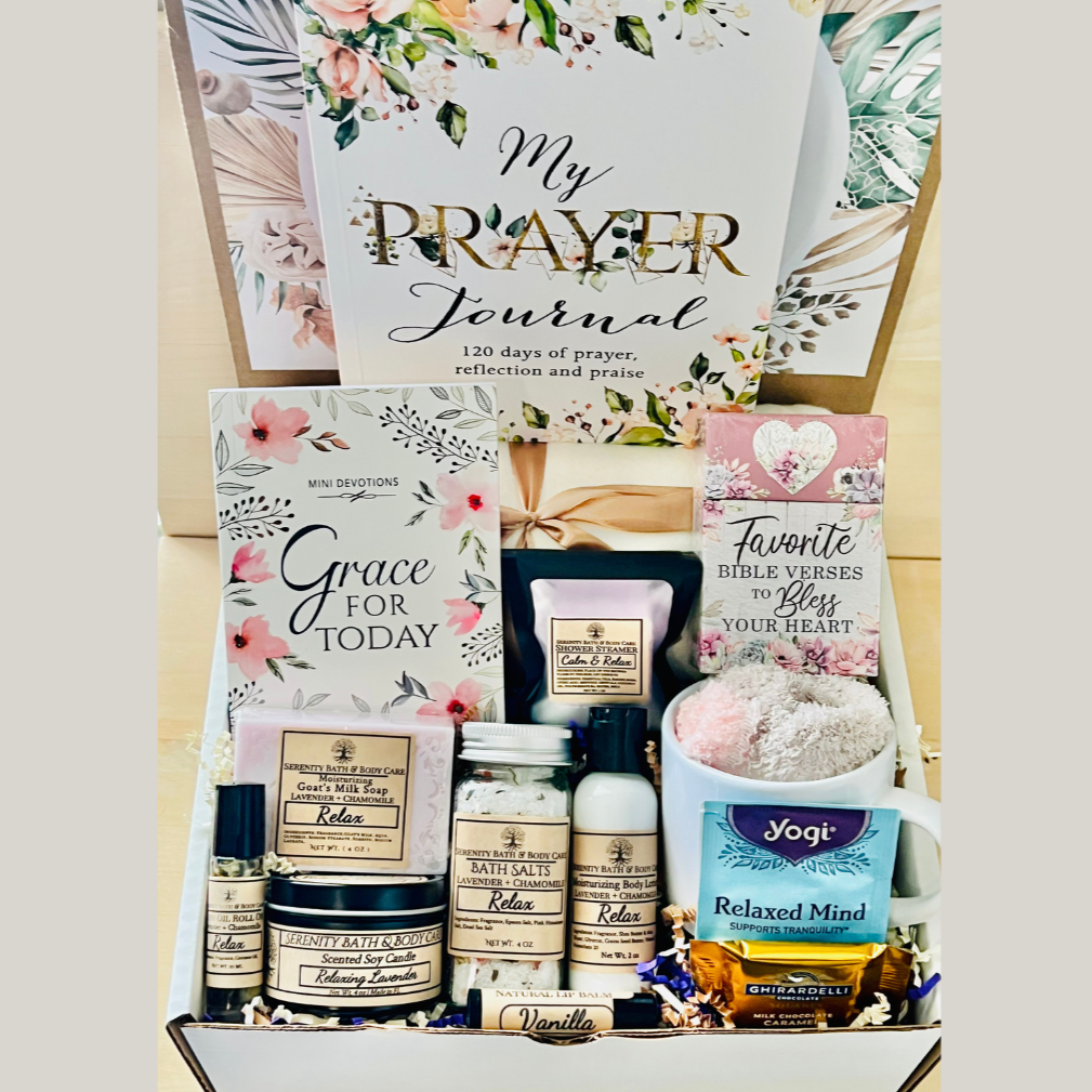 Gift Basket with Prayer Journal, Encouragement and self-care gift for Christian women – spa, scripture, and prayer essentials