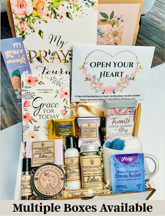 Faith-based gift set with lavender bath items, Bible verses, and prayer journal