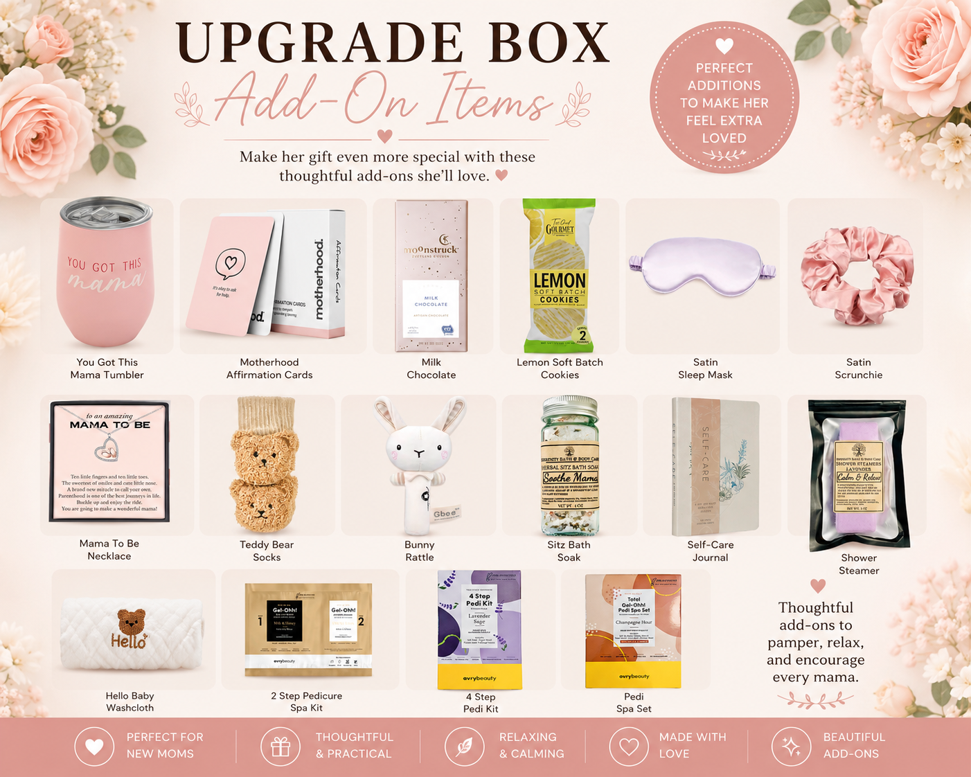 New Mom Gift Box Upgrade Add-On Items | Personalized Baby Shower Gift Box Extras | Build Your Own Gift Box