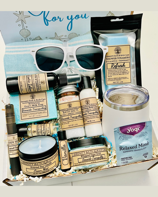 Deluxe Seaside Tranquility Spa Gift Box for Women with Beach Towel and Sunglasses, Honeymoon Gift, Summer Gift Idea, Self Care Gift for Her